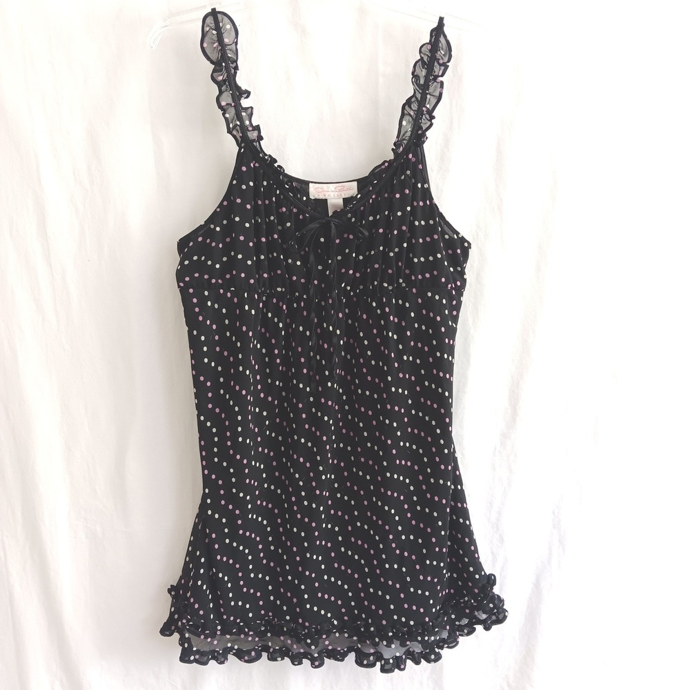 Oscar de la Renta Intimate Lingerie XL Black Polka Dot Ruffle Babydoll Sleep